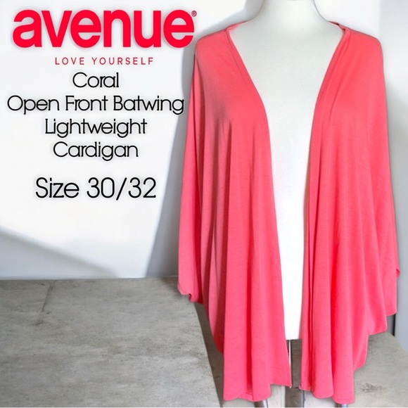 Avenue Sweaters - Avenue Coral Open Front Batwing Lightweight Cardigan